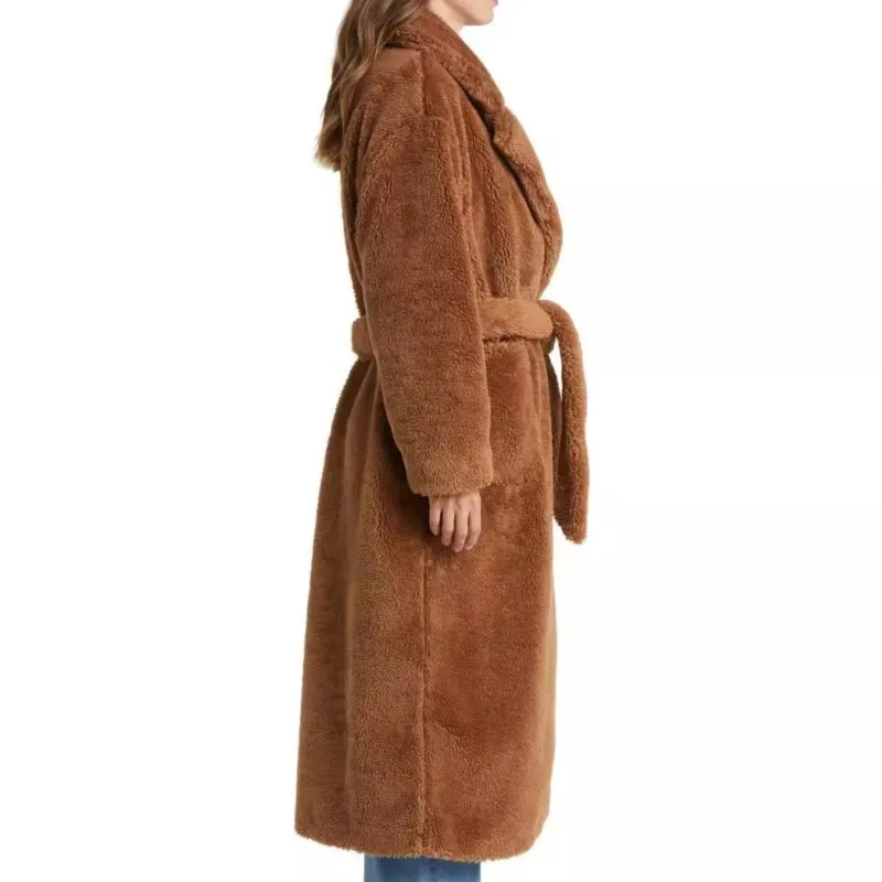 2025 여성용 푹신한 탑 코트, 두꺼운 인조 시어링 코트, 단색 긴팔 겨울 아우터, 보온 안감 롱 코트