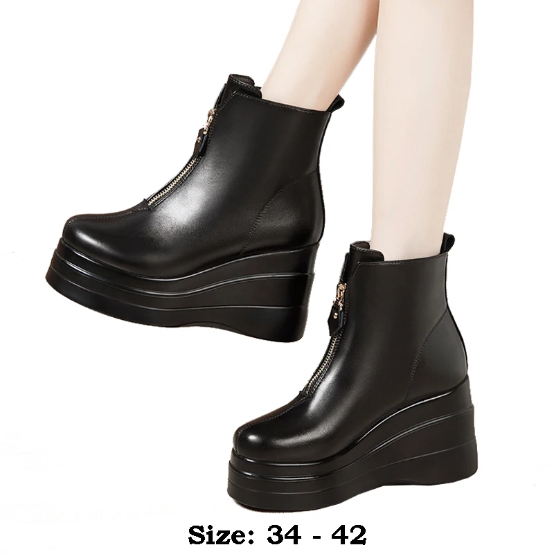 

High quality short ankle leather wedge boots for women 8cm high heel platform new 2024 autumn winter 34 35 42 elegant shoe black