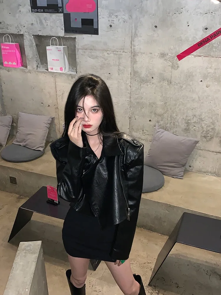 2023年春新作 Sle レディース ルーズ ブラック バイクジャケット レザーコート スイート クール バイカー服 ラウンドネック ロングスリーブ