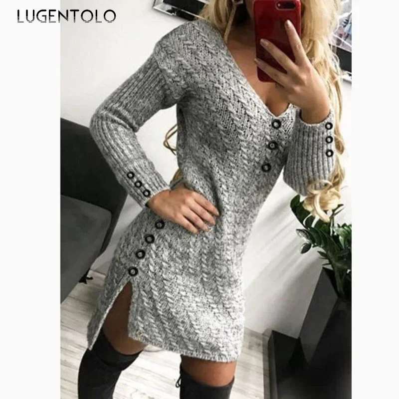 

Women Sexy Slim Dress Knitted Autumn Winter V-neck Temperament Solid Lady Elegant Button Pullover Short Clothing Lugentolo