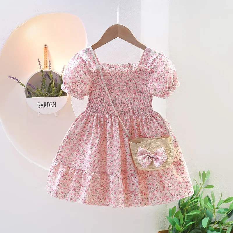 Girls Dress 2024 Summer Cool New Square Collar Children Floral Dresses Baby Princess Dress Little Girl Causal Apparel 1-7Years