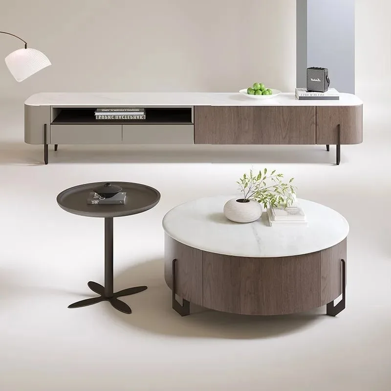 

Modern luxury wood marble top round coffee table set living room sofa with drawers multifunctional furniture design