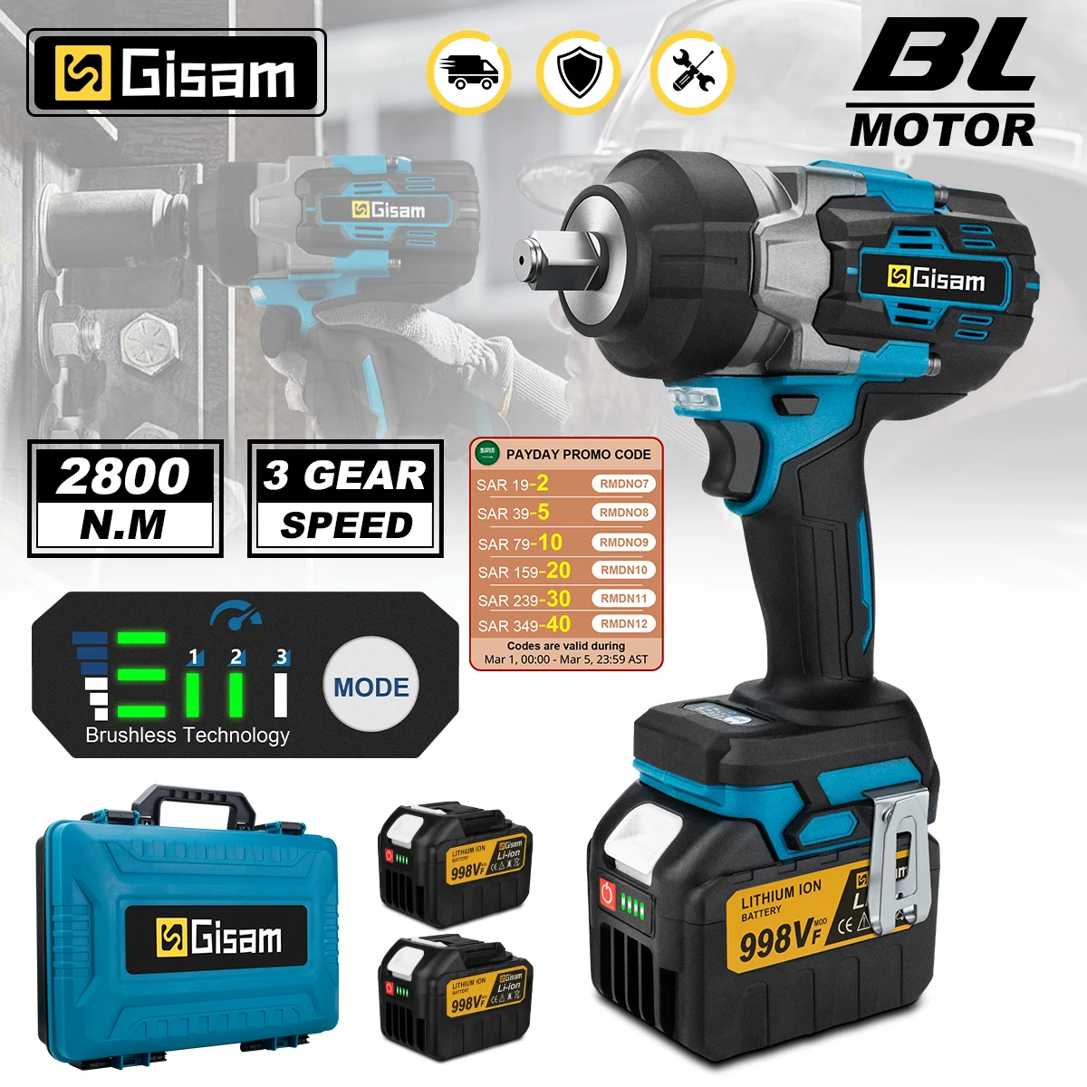Gisam 2800N.M ブラシレス電動インパクトレンチコードレス電動レンチ 1/2 インチドライバー電動工具マキタ 18V バッテリー用