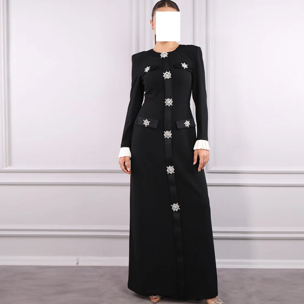 Customized  Temperament Crystal Off the Shoulder Jersey Evening Dresses Formal O-Neck Long Sleeves Sheath Floor Length