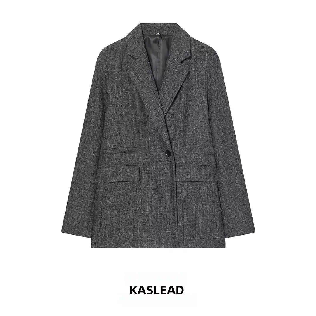 

KASLEAD New Women's Faionable Mixed Fiber Straight Cut Suit Jaet Versatile Long Sve Button up Polyester Winter Coat