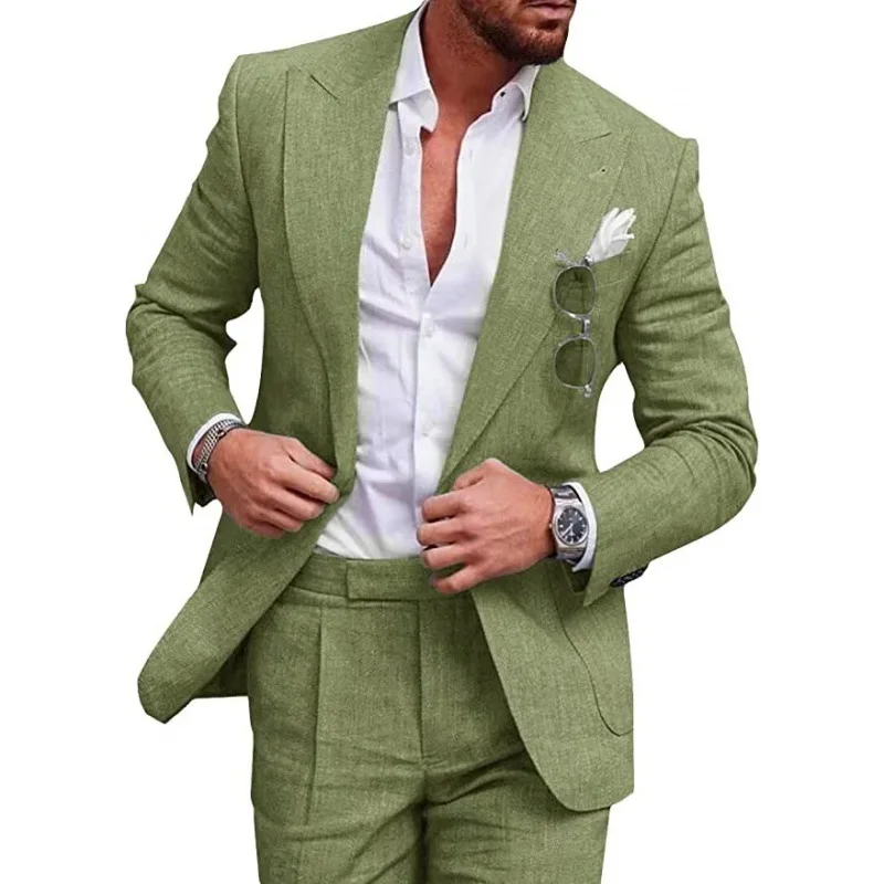 High Quality Linen Suits for Men 2 Piece One Button Male Suit Slim Fit Fashion Casual Wedding Party Solid Smart Casual Suits Man