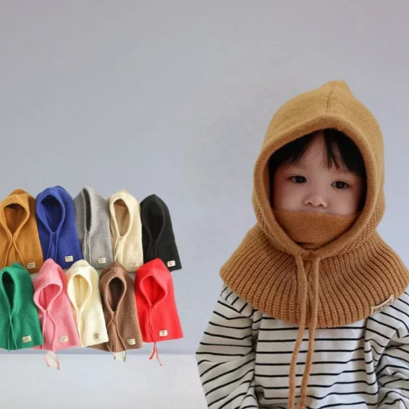 

Winter Kids Hat Solid Color Knitted Warm Hooded Beanie One Piece Scarf Cap Girls Boys Ear Protection Balaclava Hat