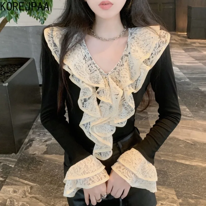 Korejpaa Fashion Flare Sleeve T Shirt Women French Style Ruffled V Neck Pullover Clothes Female 2024 Spring Solid Elegant Top