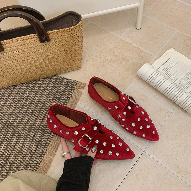 Retro Studded Pointed Flats for Women, Mary Jane Style with Single Strap, Hot Girl Loafers