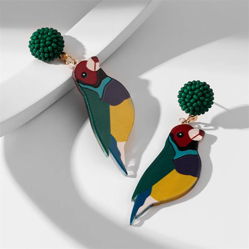 Fashion Trend Creative Cute Colorful Parrot Bird Earrings Rice Pearls Beads Acrylic Sparrow Pendant Earrings for Women Girl