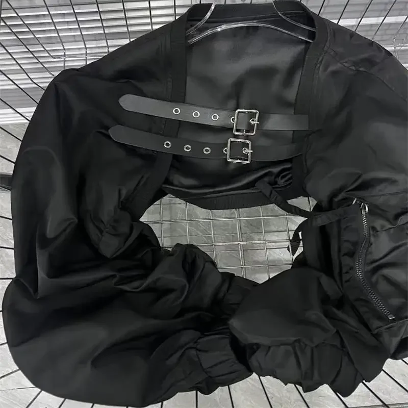 Autumn New Niche Design Black Shoulder Vest Women's Leather Flight Plane Style Cropped Jacket Crew Neck New