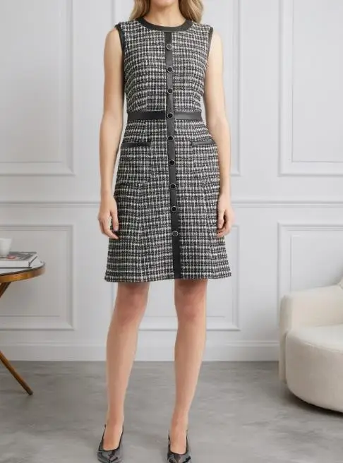 

New French retro houndstooth leather trimmed dress for spring/summer 2025, plus plus plus plus size tweed vest and A-line skirt