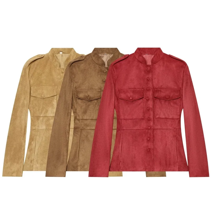 Women's jacket2026 Autumn new fashion stand-collar long-sleeve jacket with epaulets and single-breasted plain colour