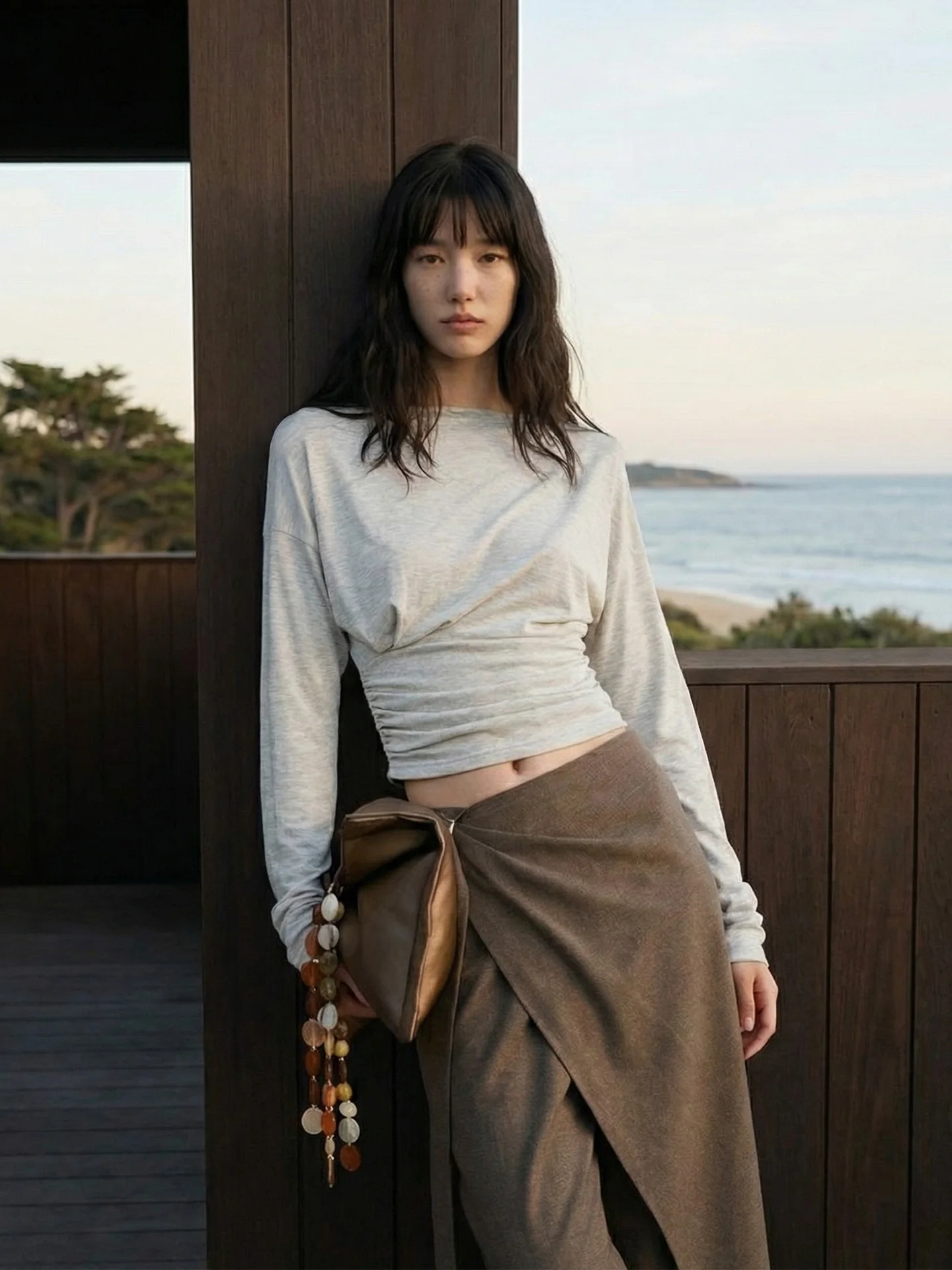 

Slim Fit Long Sve Knitted irt Women's Spring Season One oulder Waist Cinched Top Soft Rell Cotton Wool Blend Casual Wear