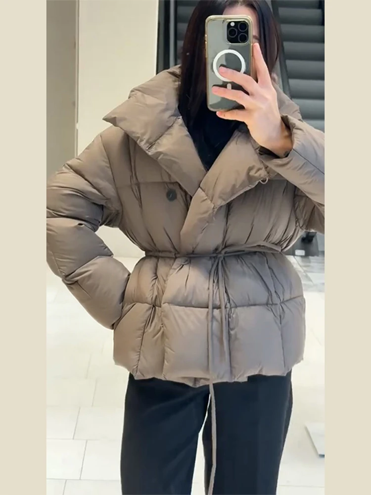 Solid Women's Coat Stand Collar Single Breasted Belt Lace Up Loose Female Cotton Padded Coats 2025 Autumn Fashion Lady Outwear