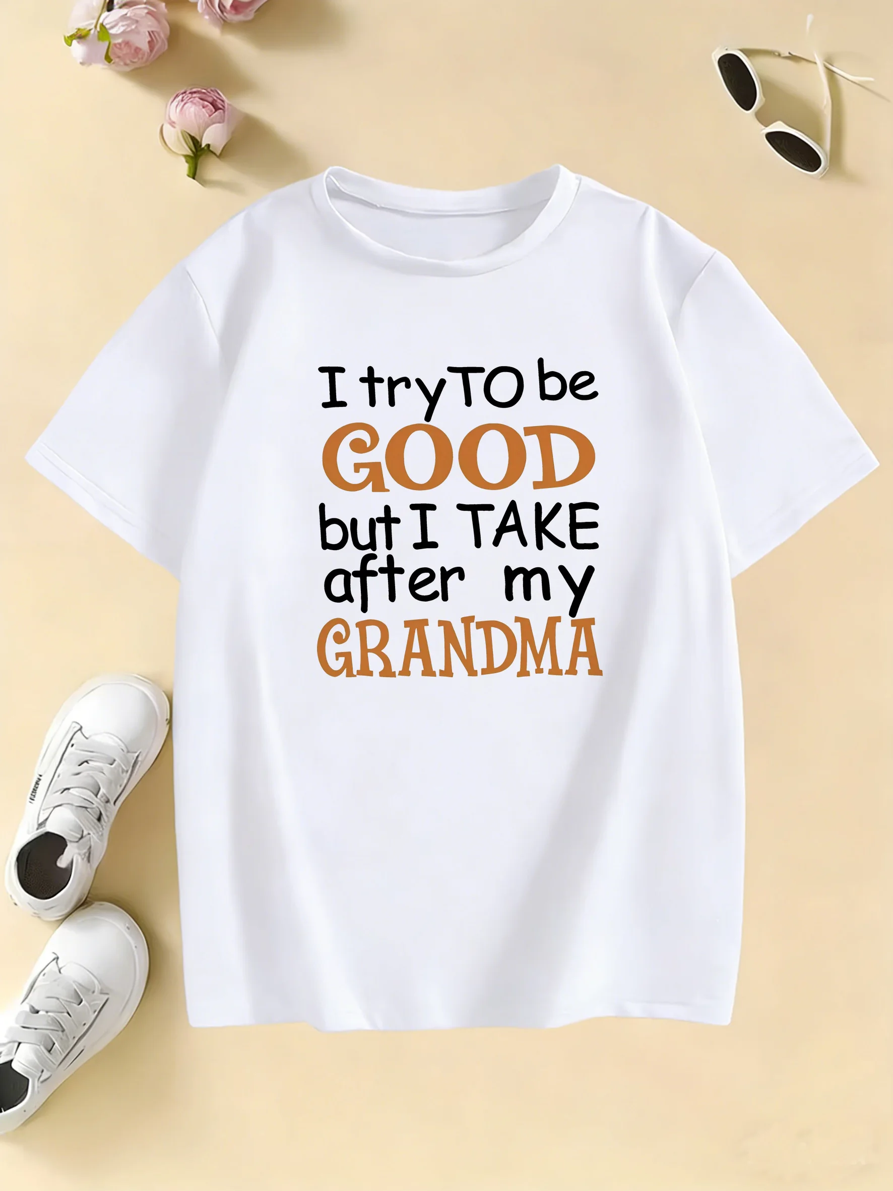 'I Try To Be Good But I Take After My Grandma' Letter Printed T Shirts Kids Children's T-shirt Boys Girls Summer Spring