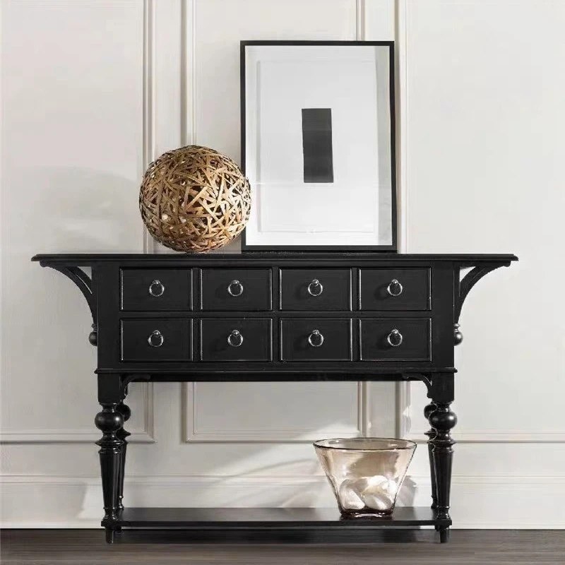 

American solid wood retro entrance cabinet French black old living room side cabinet European simple locker solid wood cabinet