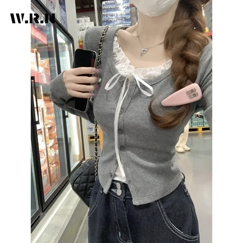 Koreaanse Zoete Casual Patchwork Kant Lange Mouw Ronde Hals T-shirts Dames Boog Fee Shoujo Stijl Single Breasted Tees Tops