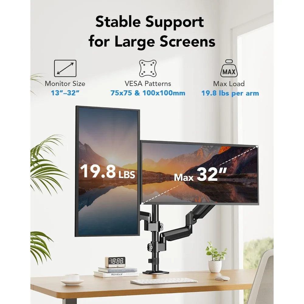 Dual monitor mount up to 32-inch screen, taller monitor stand 19.8 pounds, dual monitor arm desktop mount easy to adjust