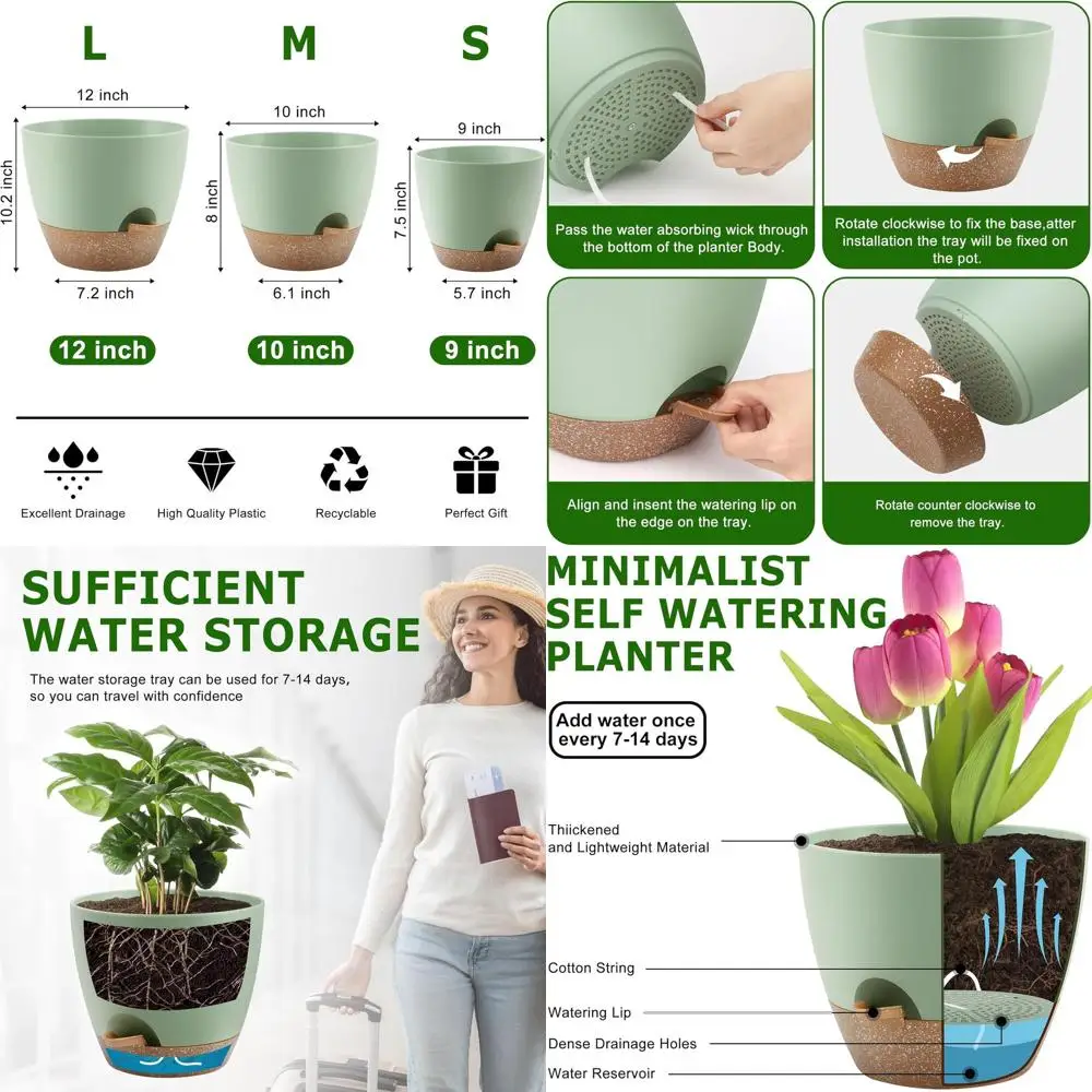 

Набор из 3 зеленых пластиковых горшков для растений с дренажом, подходят для комнатных и уличных растений, 12/10/9 дюймов