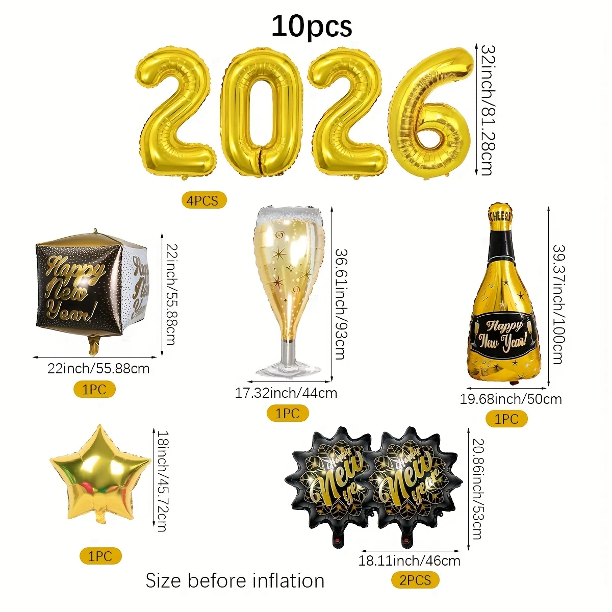 10 قطعة 2026 سنة جديدة سعيدة الأسود الذهبي احباط بالونات زجاجة نبيذ كؤوس الشمبانيا الذهبي ستار احباط بالونات الطرف الديكور