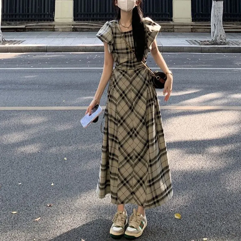 Vintage Plaid Aura Waist Long Dress Summer French Style A-Line Female Clothing Short Sleeve Stylish Cut Out Drawstring Dresses