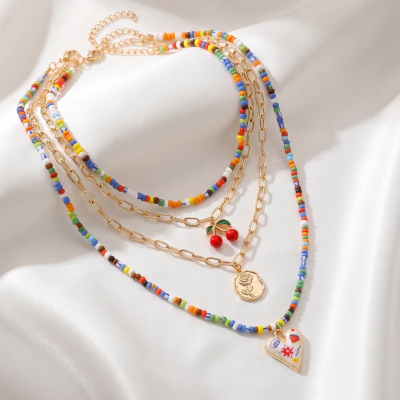 4 PCS Y2K Boho Layers Colorful Seed Bead Layering Cherry/ Enamel Heart /Coin Pendant Stack Sweet Necklaces For Women