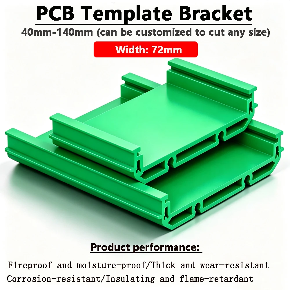 dinレールに取り付け可能なpcbモジュールラック。幅72mm、長さ40mm～140mmで、端子台用として自由にカット可能。産業用制御機器用。