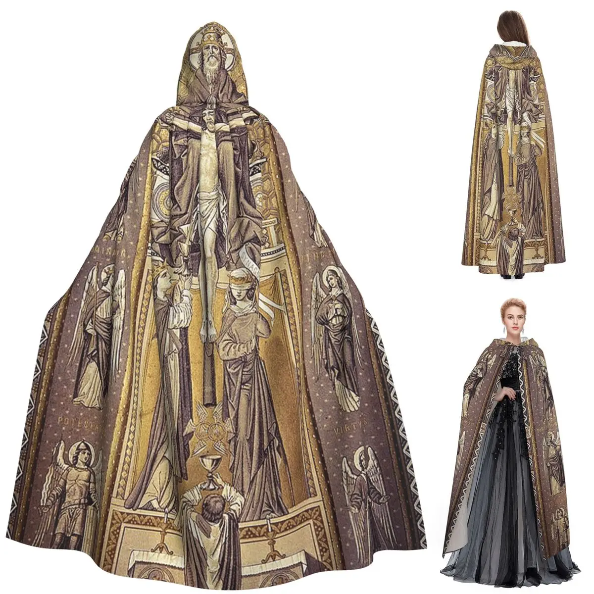 

Воскрешение священного христианского древнего креста, тамб в кладбище, крест Иисуса, длинный плащ с капюшоном, ведьма, средневековый костюм на Хэллоуин