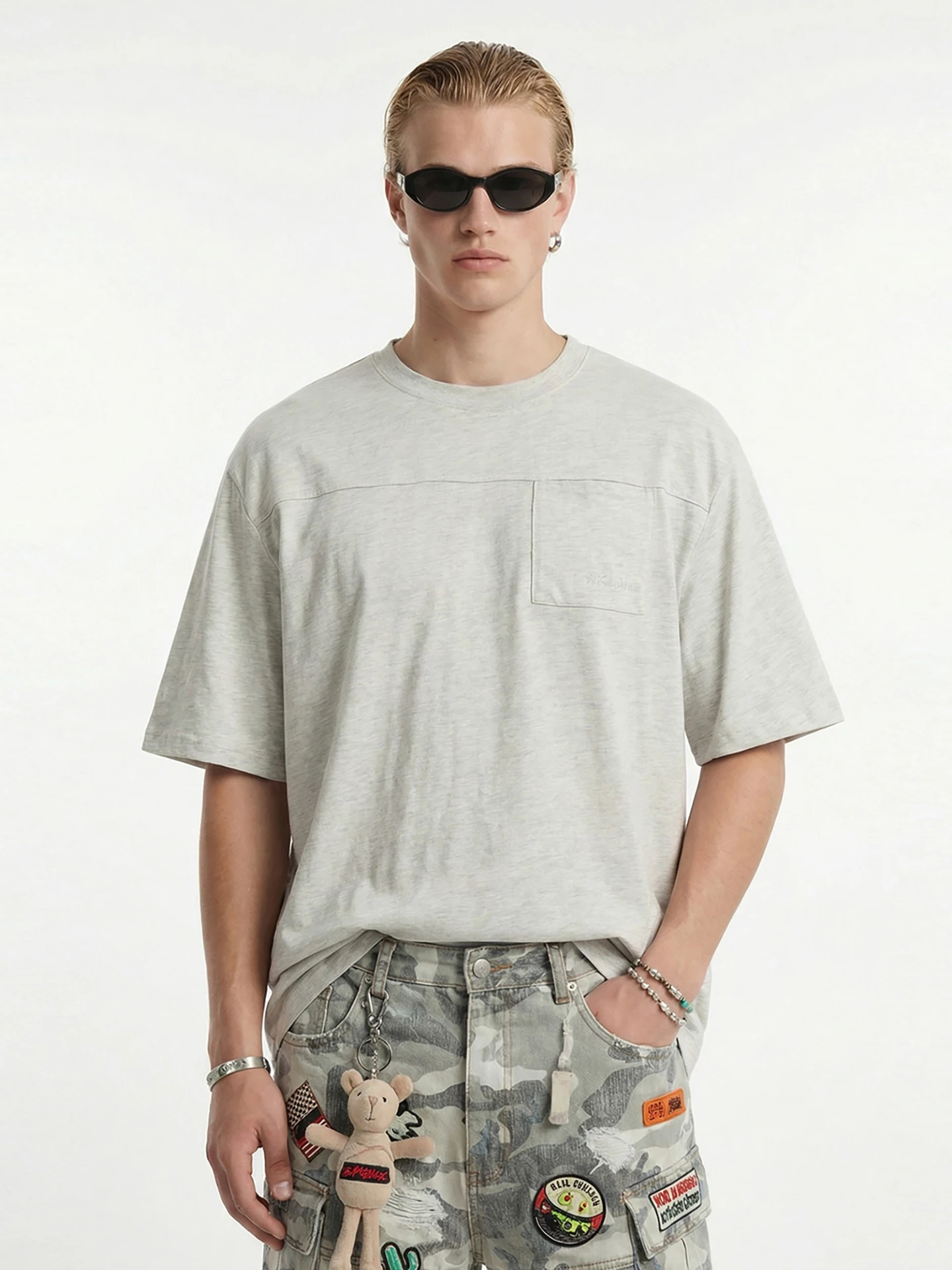 

Ретро-футболка в американском стиле из бамбукового хлопка с текстурой, короткий рукав, весна-лето, новая модель, с вышивкой и пэчворком, для мужчин.