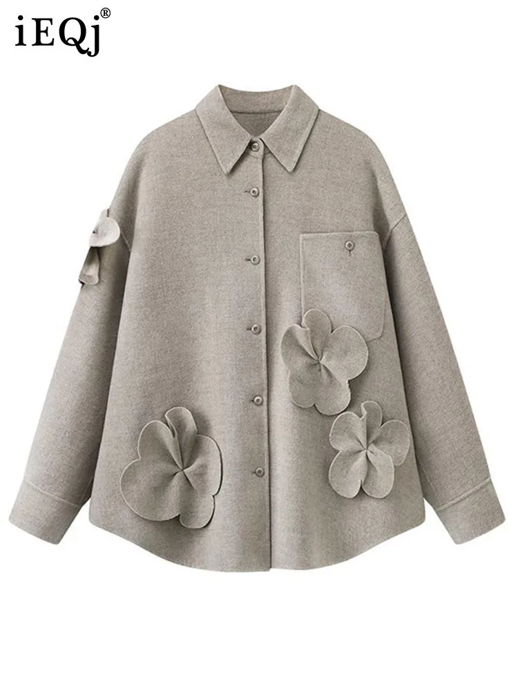 IEQJ Solid Color Flowers  Appliques Streetwear Coat Women Lapel Long Sleeve Spliced Single Breasted Loose Jacket Female 3WM2595