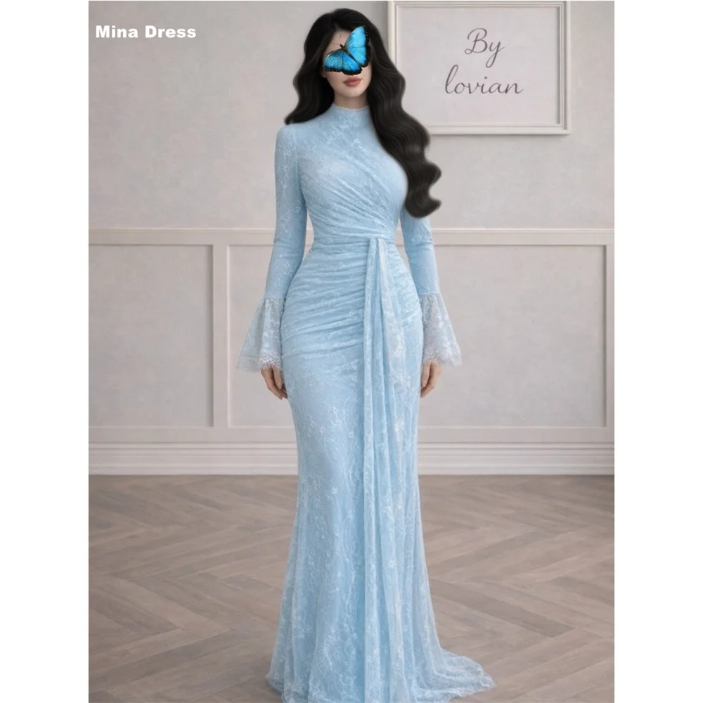 

Mina Customized Light Blue Elegant Party Dresses for Special Occasions Lace Embroidered Long Sleeves Crew Neck Prom Dress Night
