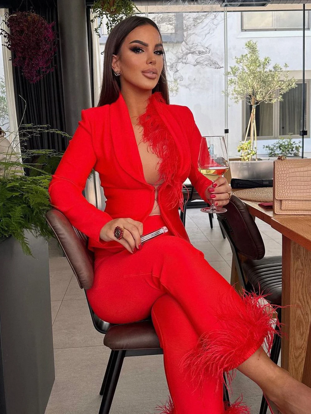 Modphy Red Feather Bandage Pantsuits Women's Long Sleeve Jacket & Calf-Length Pants Two Piece Set Fashion Party Cocktail Outfit