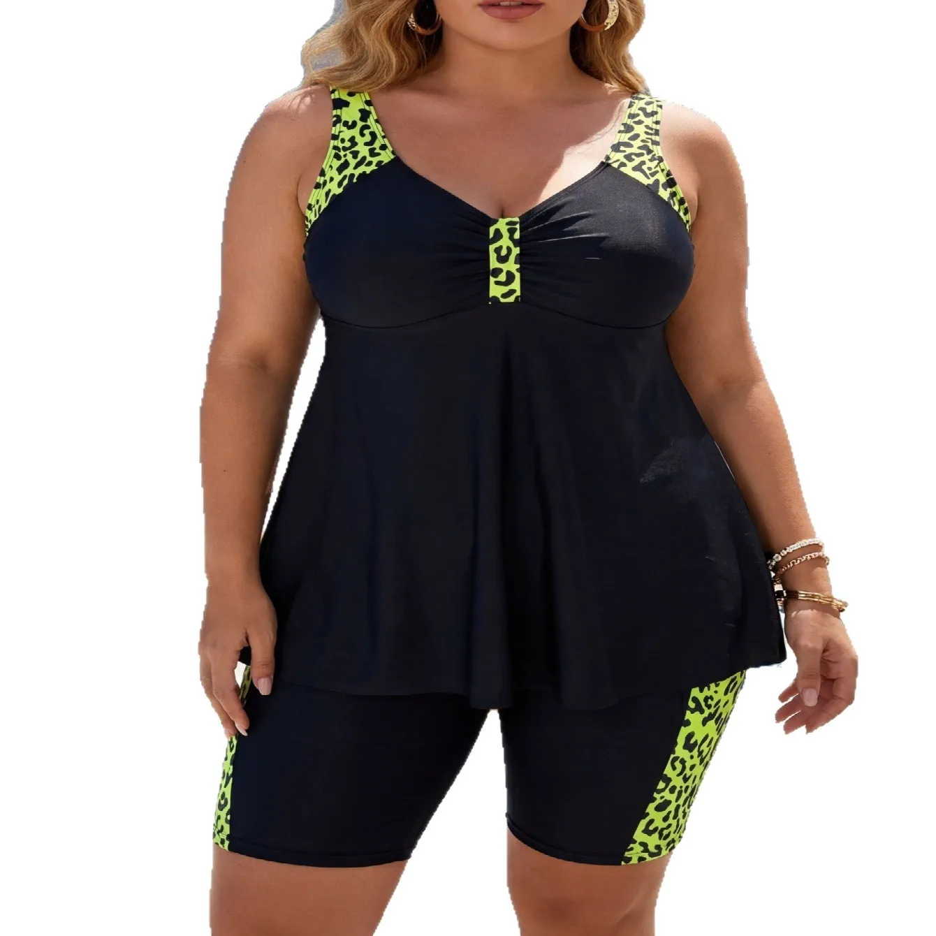 6XL  Plus Size Tankini Swimsuit V Neck Leopard Print Splice Flowy Tank Top Boy Shorts Two Piece Bathing Suit