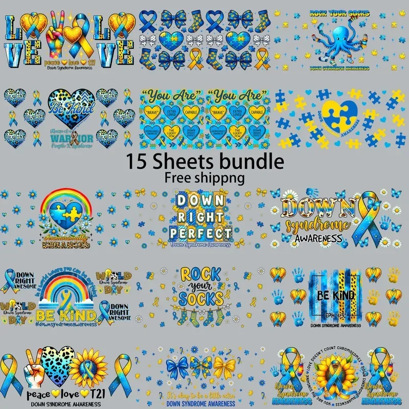 15pcs Free Down Syndrome Autism Awareness 16oz UV DTF Sticker Waterproof DIY Decals 3D transfers uvdtf stickers uv dtf cup wrap