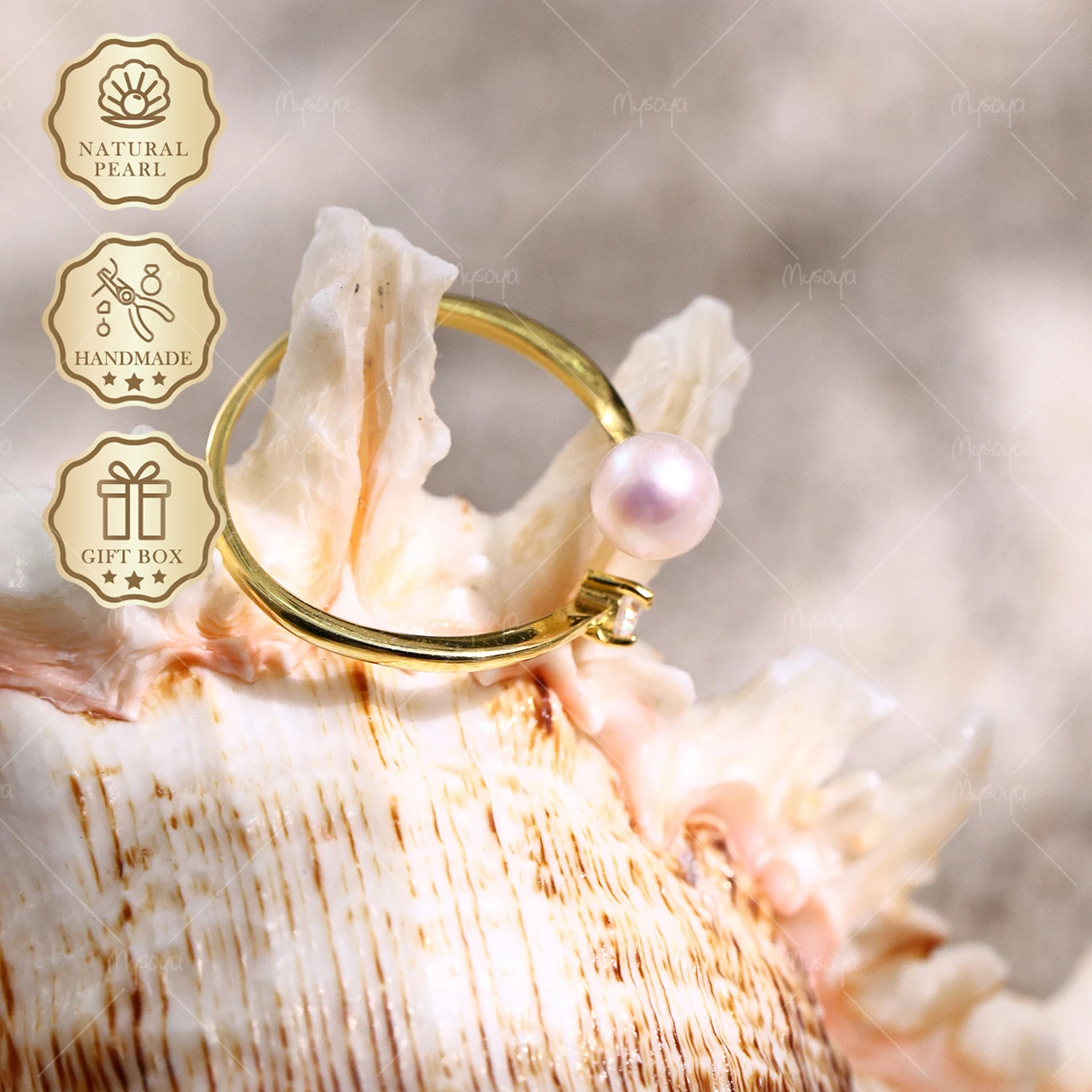 MYSOYA Pink Akoya Pearl Open Ring 5.5-6mm Simple Gold Ring, Gift Box, Birthday & Anniversary Jewelry C320
