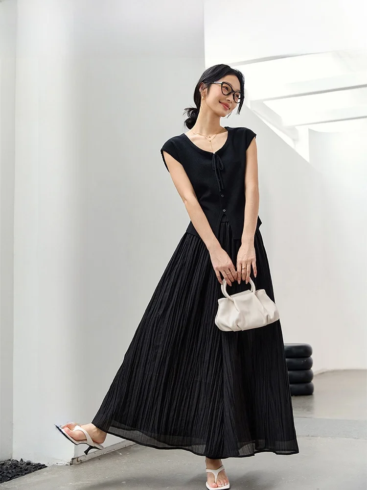 

Элегантный комплект из двух предметов: топ с круглым вырезом и юбка-шорты, женский летний модный ансамбль, стильный наряд из полиэфирного волокна.