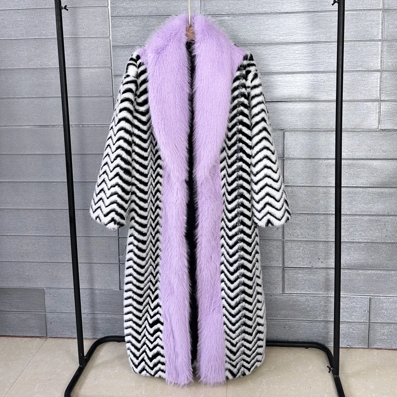 Original Design Faux Fur Coat Striped Patchwork Plush Long Jacket Lady Outerwear Women\'s Winter Coats Factory Direct Sales