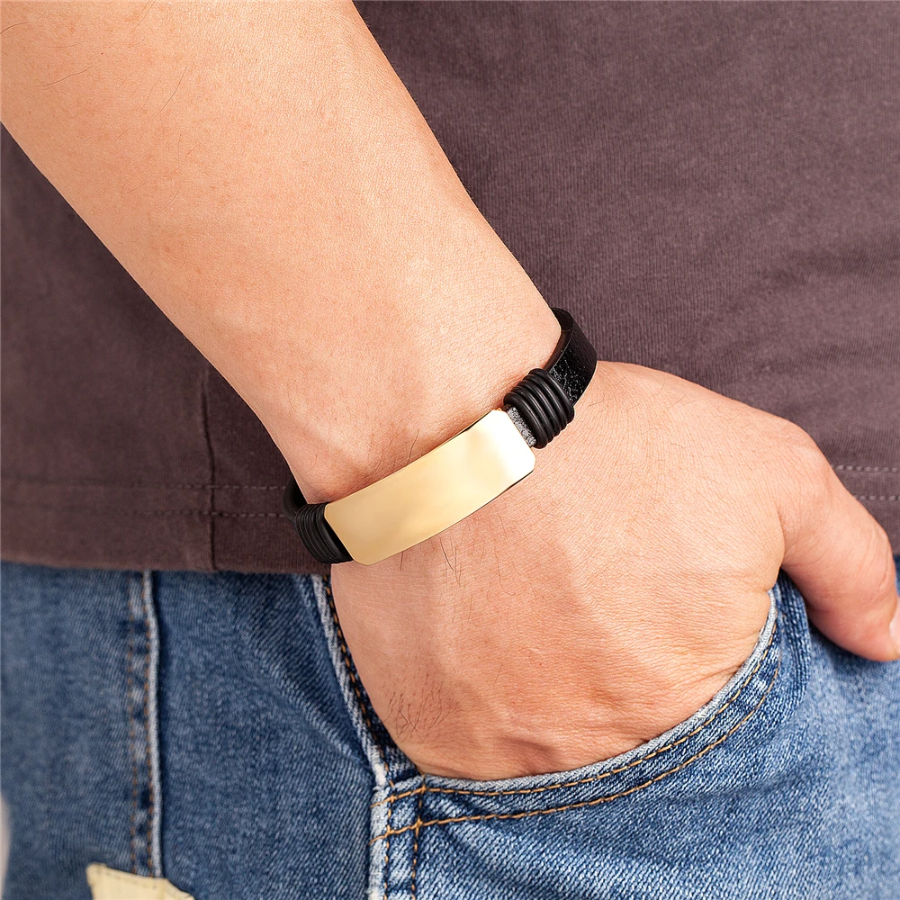 New Simple Style Men\'s Black Leather Bracelet Ladies Classic Stainless Steel Bracelet Men\'s Friends Exquisite Gifts Pulseira