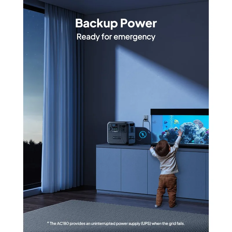 مولد الطاقة الشمسية AC180، 1,152Wh LiFePO4 بطارية احتياطية مع 4 منافذ تيار متردد 1,800 وات (2,700 وات، 0-80% في 45 دقيقة