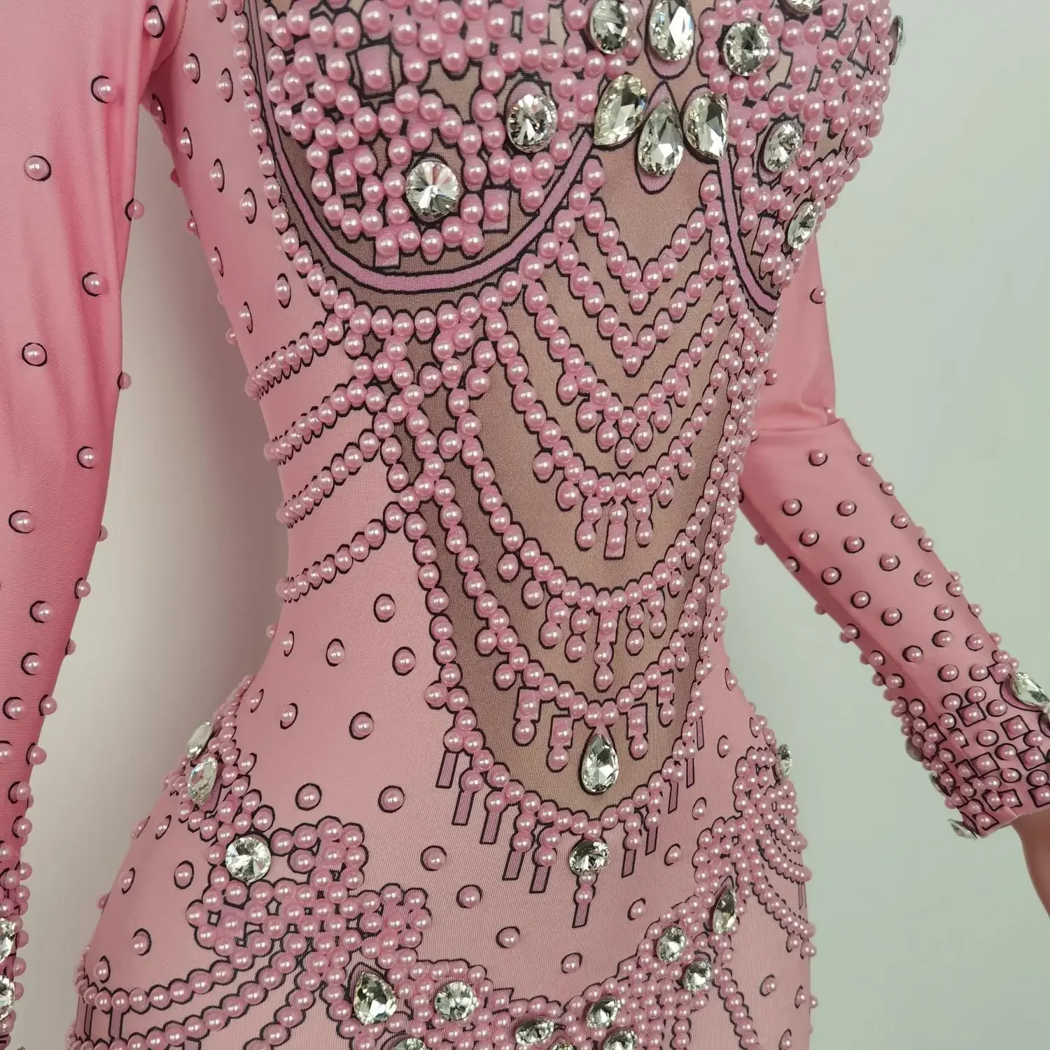 Kostiumy sceniczne dla showgirl, trykoty do tańca DS na imprezę w klubie nocnym, na studniówkę, luksusowe kryształowe, elastyczne, obcisłe różowe kombinezony na urodziny.