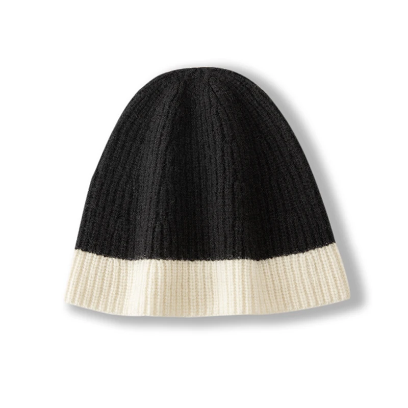 100% Cashmere Color Block Ribbed Knit Hat Women Autumn Winter Snow Warm Pullover Knitted Hat Casual Daily Wear New Year Gift