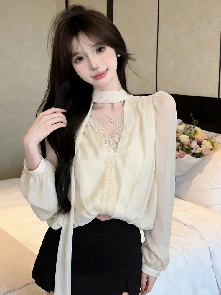 Sweet Lace Trimmed Chiffon Top Women's Loose Fit Straight Tube Semi-Transparent Design Slimming Long Sleeve V-Neck Daily Wear