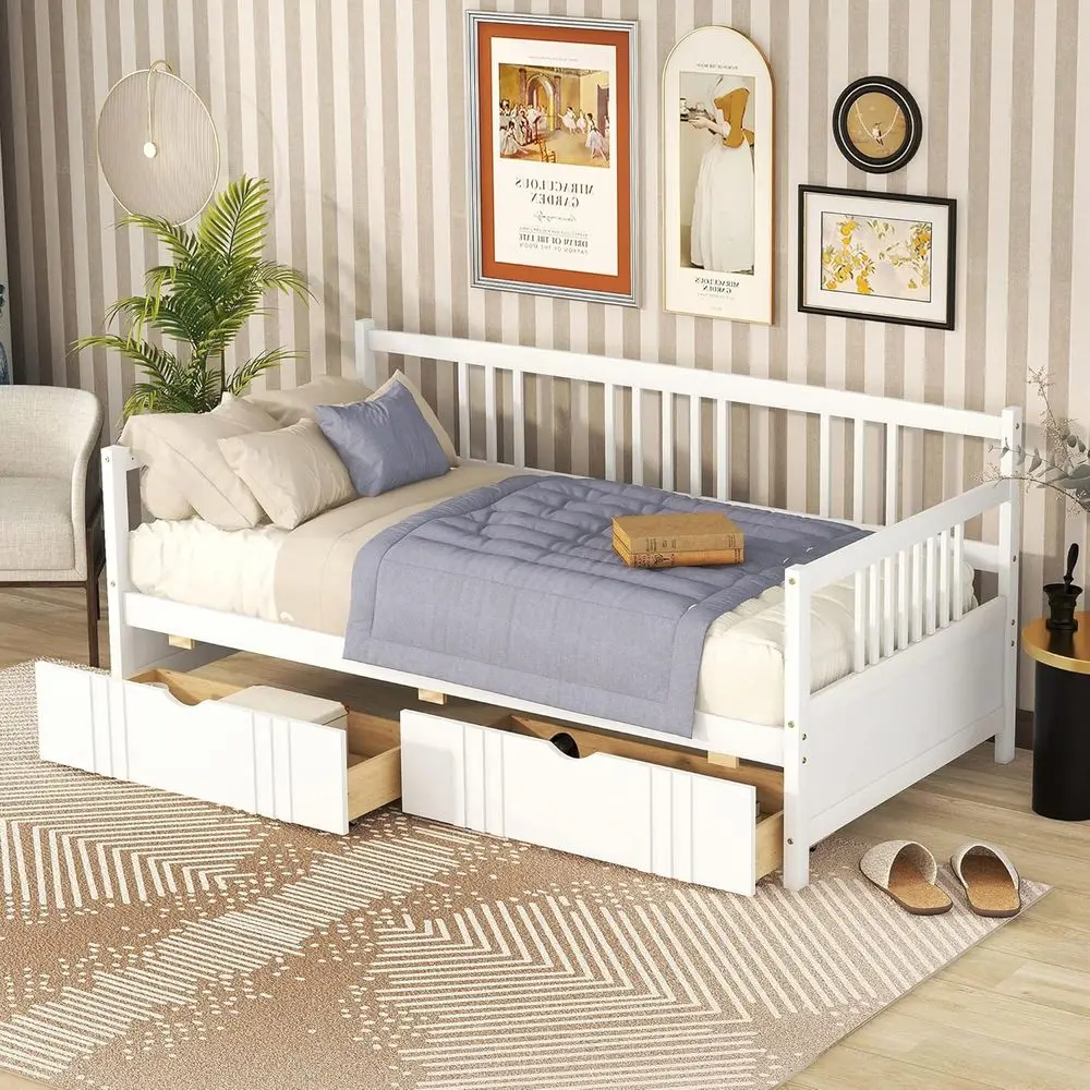 Wooden Twin Daybed with 2 Storage Drawers, White, No Box Spring Needed