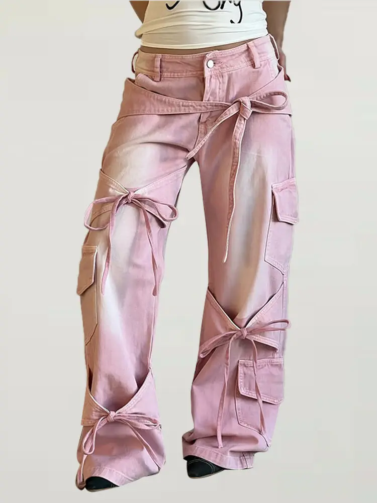 Women's Y2K Pink Bow Lace-Up Cargo Denim Jeans Trendy High Waist Wide Leg Baggy Pants Streetwear Casual Drop Crotch Trousers