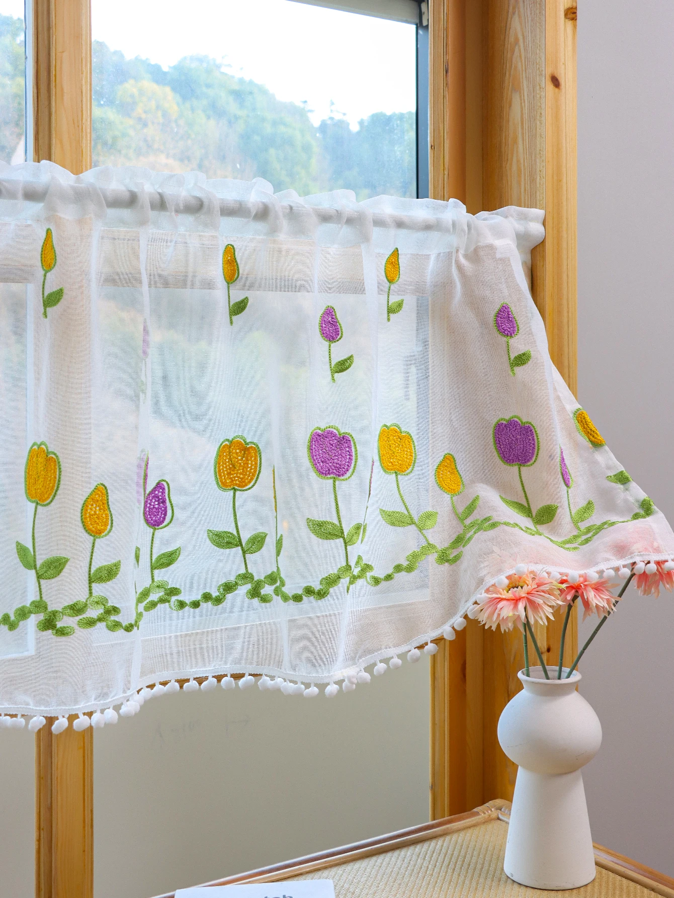 Kleine Blumenstickerei Haarball Kurzer Vorhang Küche Wohnzimmer Schrank Blockout Trennvorhang Tüll Kleine Vorhänge