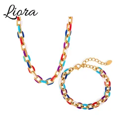 Liora Heavy 316L Stainless Steel O Chain Necklace Bracelet For Women Men Colorful Enamel Link Charm Waterproof Jewelry Sets