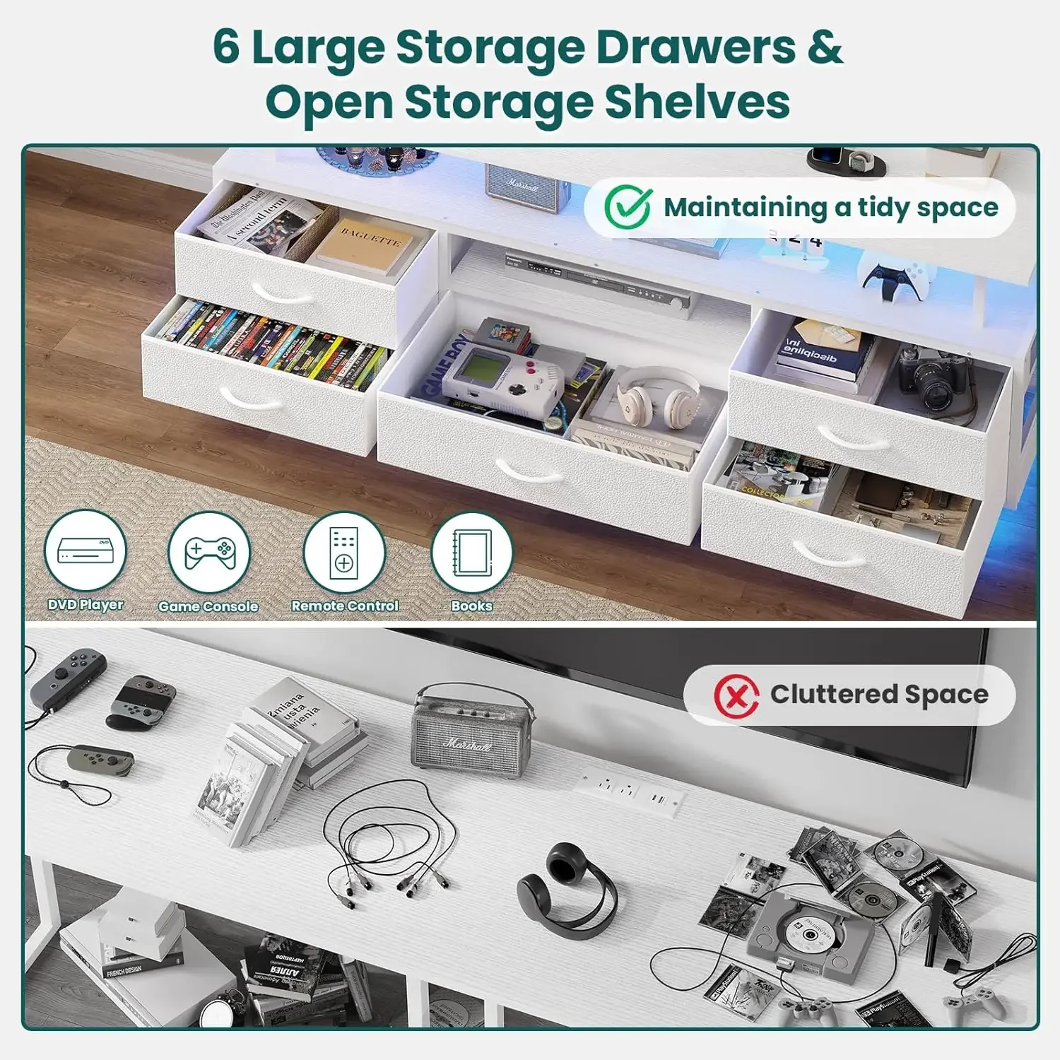 حامل تلفزيون مع حامل لأجهزة التلفاز مقاس 45/55/65/70 بوصة، حامل تلفزيون LED مقاس 51.2 بوصة مع منافذ طاقة وتخزين، مركز ترفيهي مع مساحة تخزين #4