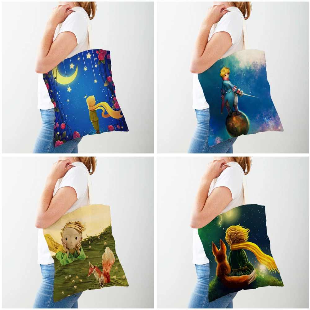 Little Prince Women Shopping Bags Double Print Fashion Classic Cartoon Anime Shopper Bag Canvas Travel Tote for Children Girl