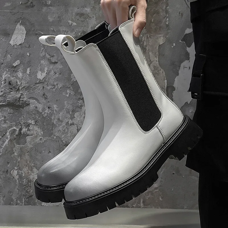 men fashion stage nightclub high chelsea boots slip-on original leather shoes black white cowboy platform boot long knight botas